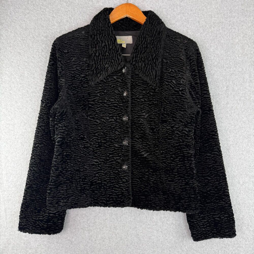 Linea Domani Black Button Up Boxy Shearling Fur Coat Classic Special Occasion 14